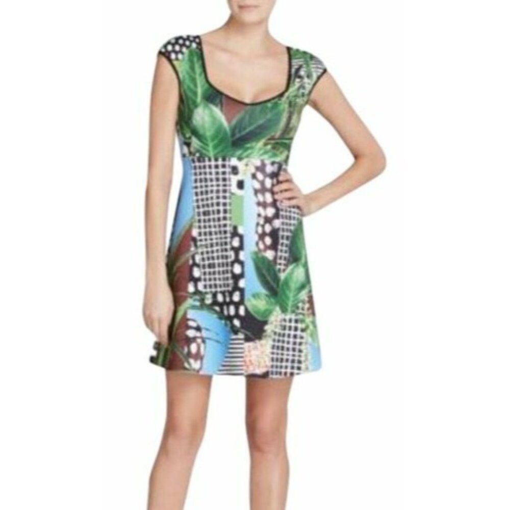 Clover Canyon Womens XS Leaf Floral Print Scuba Fit and Flare Dress Stretch Mini